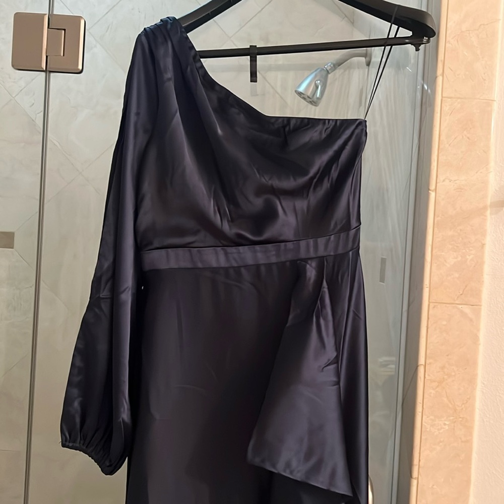 Navy blue satin long slit dress - Picture 2 of 8